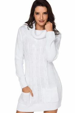 Online Dear-Lover Cowl Neck Cable Knit Sweater Dress White