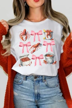 Sale Dear-Lover Crawfish Boil Bow Graphic Crewneck Tee White