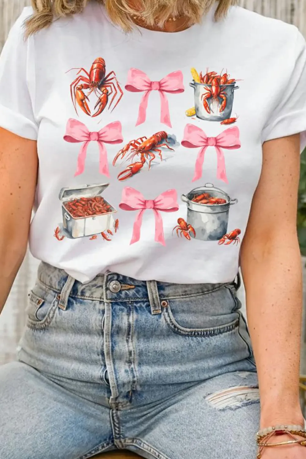 Sale Dear-Lover Crawfish Boil Bow Graphic Crewneck Tee White