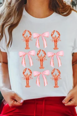Fashion Dear-Lover Crawfish Bow Printed Summer T Shirt White