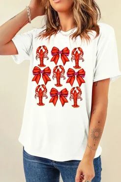 Outlet Dear-Lover Crawfish Bow Printed Casual T Shirt White
