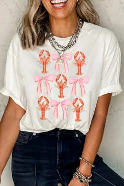 Fashion Dear-Lover Crawfish Bow Printed Summer T Shirt White