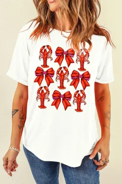 Outlet Dear-Lover Crawfish Bow Printed Casual T Shirt White