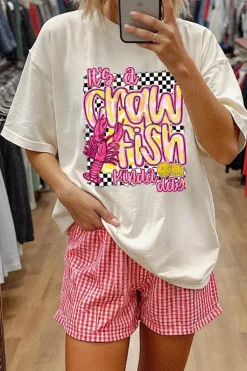 New Dear-Lover Crawfish Checkered Pattern Graphic Tee White