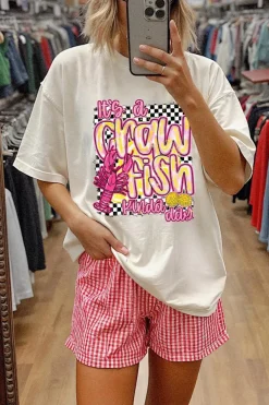 New Dear-Lover Crawfish Checkered Pattern Graphic Tee White