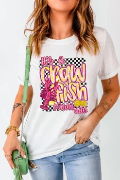 New Dear-Lover Crawfish Checkered Pattern Graphic Tee White