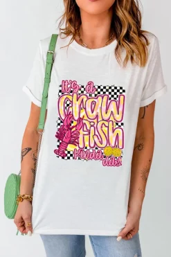 New Dear-Lover Crawfish Checkered Pattern Graphic Tee White
