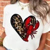 Hot Dear-Lover Crawfish Leopard Heart Print Crewneck Tee White