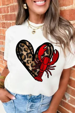 Hot Dear-Lover Crawfish Leopard Heart Print Crewneck Tee White
