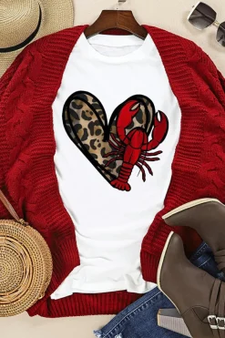Hot Dear-Lover Crawfish Leopard Heart Print Crewneck Tee White