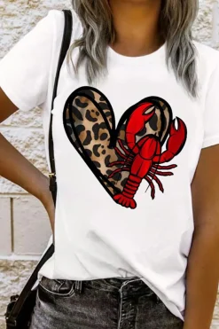 Hot Dear-Lover Crawfish Leopard Heart Print Crewneck Tee White