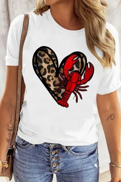 Hot Dear-Lover Crawfish Leopard Heart Print Crewneck Tee White