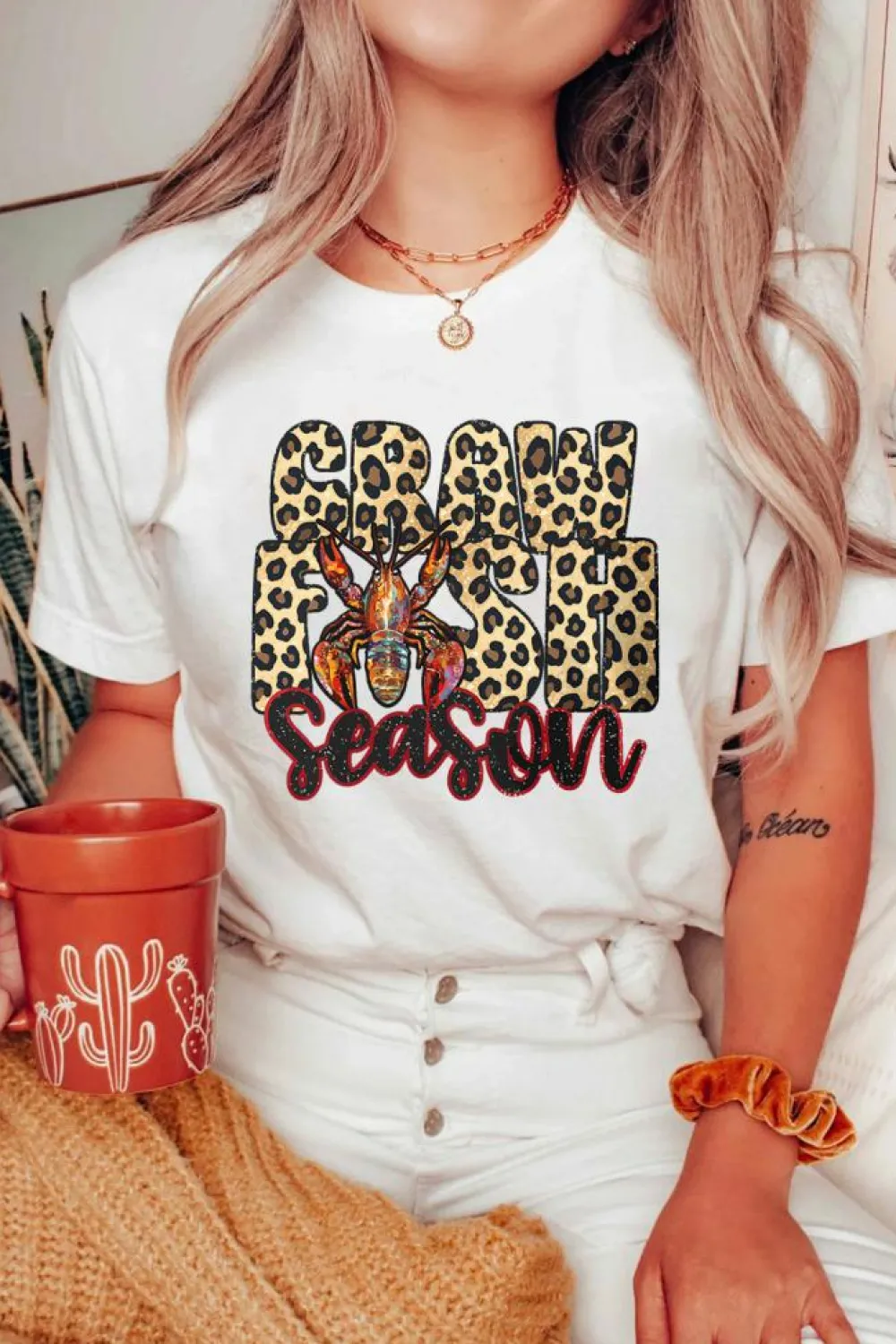 Sale Dear-Lover Crawfish Season Leopard Letter Graphic Tee White
