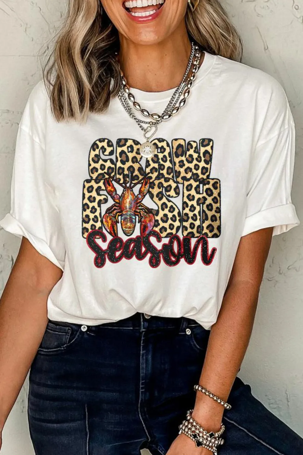 Sale Dear-Lover Crawfish Season Leopard Letter Graphic Tee White