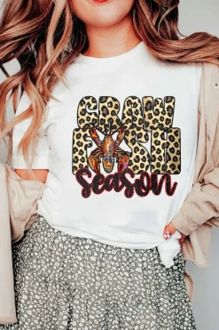 Sale Dear-Lover Crawfish Season Leopard Letter Graphic Tee White