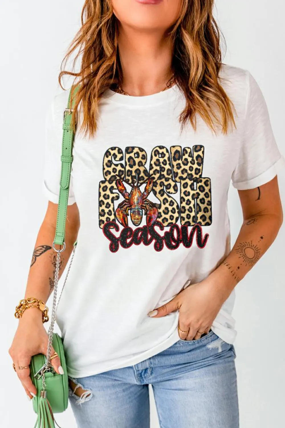 Sale Dear-Lover Crawfish Season Leopard Letter Graphic Tee White