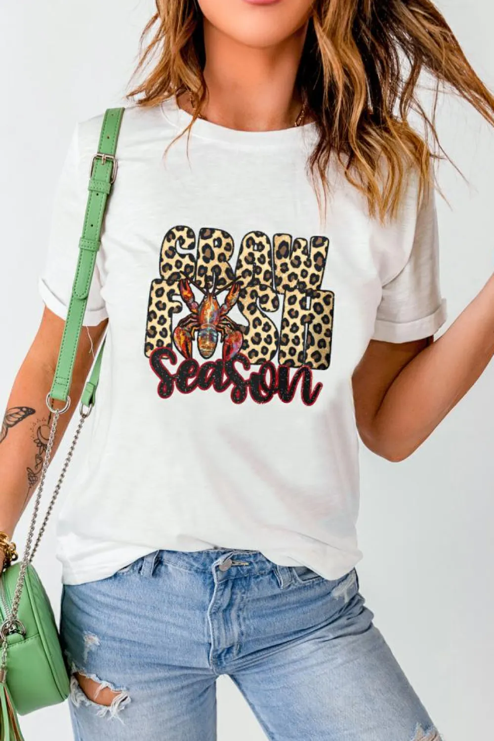 Sale Dear-Lover Crawfish Season Leopard Letter Graphic Tee White