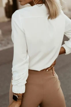 Hot Dear-Lover Crew Neck Gathered Stretch Cuff Shirt White