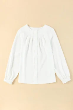 Hot Dear-Lover Crew Neck Gathered Stretch Cuff Shirt White