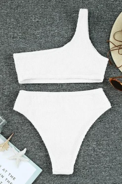 Sale Dear-Lover Crinkle Textured Asymmetric One Shoulder Bikini Swimsuit White
