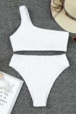 Sale Dear-Lover Crinkle Textured Asymmetric One Shoulder Bikini Swimsuit White