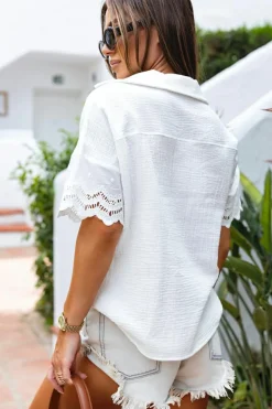 Hot Dear-Lover Crinkled Lace Splicing Sleeve Collared V Neck Blouse White