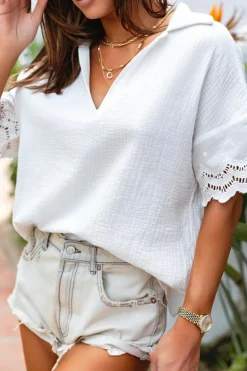 Hot Dear-Lover Crinkled Lace Splicing Sleeve Collared V Neck Blouse White