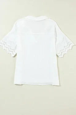 Hot Dear-Lover Crinkled Lace Splicing Sleeve Collared V Neck Blouse White