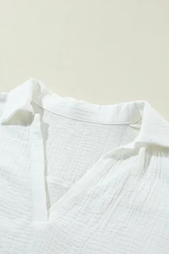Hot Dear-Lover Crinkled Lace Splicing Sleeve Collared V Neck Blouse White