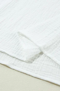 Hot Dear-Lover Crinkled Lace Splicing Sleeve Collared V Neck Blouse White