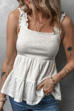 Fashion Dear-Lover Crinkled Ruffled Straps Peplum Babydoll Tank Top White