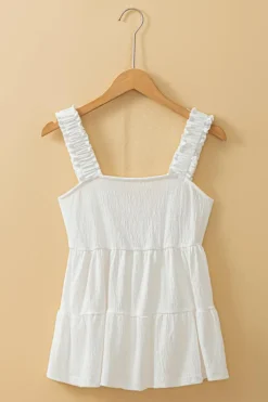 Fashion Dear-Lover Crinkled Ruffled Straps Peplum Babydoll Tank Top White