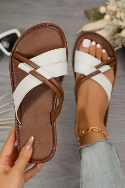 Fashion Dear-Lover Criss Cross PU Leather Flat Slippers White