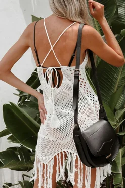 Best Dear-Lover Crisscross Knot Back Hollow Out Tasseled Beach Dress White
