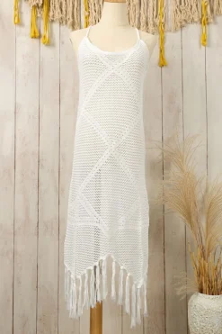 Best Dear-Lover Crisscross Knot Back Hollow Out Tasseled Beach Dress White