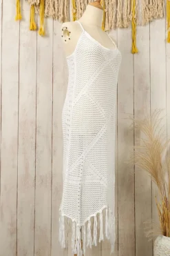 Best Dear-Lover Crisscross Knot Back Hollow Out Tasseled Beach Dress White