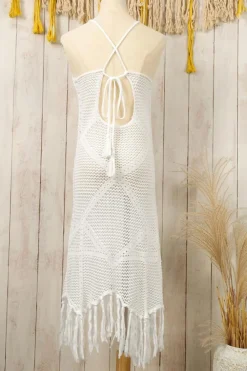 Best Dear-Lover Crisscross Knot Back Hollow Out Tasseled Beach Dress White