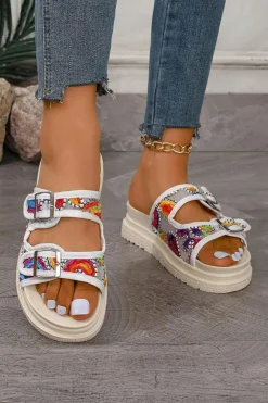 Outlet Dear-Lover Crochet Cut Out Buckle Strap Thick Sole Slippers White