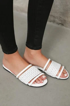 Clearance Dear-Lover Crochet Dual Straps Square Toe Flat Slippers White