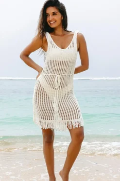 Outlet Dear-Lover Crochet Fishnet Fringed Edge V Neck Beach Cover Up White