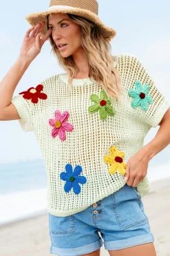Clearance Dear-Lover Crochet Flower Hollow-out Sweater T Shirt White