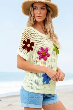 Clearance Dear-Lover Crochet Flower Hollow-out Sweater T Shirt White