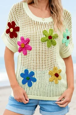 Clearance Dear-Lover Crochet Flower Hollow-out Sweater T Shirt White
