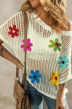 Clearance Dear-Lover Crochet Flower Hollow-out Sweater T Shirt White