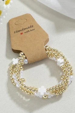 Hot Dear-Lover Cross Pearl Decor Beaded Elastic Multi Layered Bracelet White