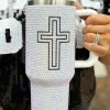 Fashion Dear-Lover Cross Rhinestone40 OZ Tumbler with Handle White