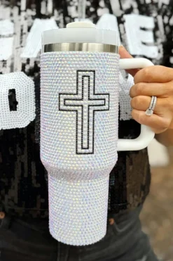 Fashion Dear-Lover Cross Rhinestone40 OZ Tumbler with Handle White