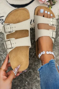 Best Dear-Lover Cut Out Buckle PU Leather Flat Slippers White