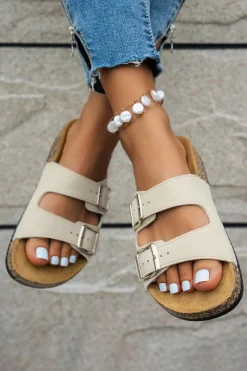 Best Dear-Lover Cut Out Buckle PU Leather Flat Slippers White