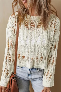 New Dear-Lover Cut Out Crochet Crew Neck Loose Fit Sweater White